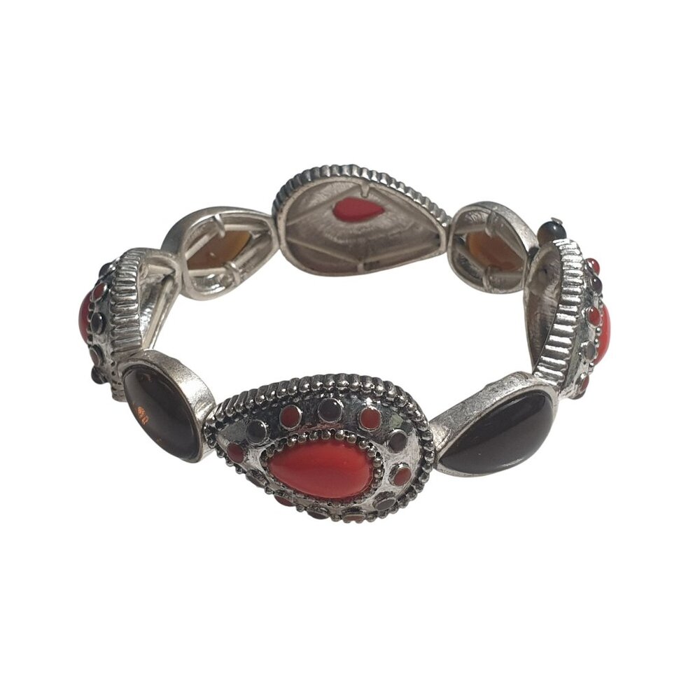 Silver Tone Elastic Bracelet Red Brown Teardrop Beaded Accents Antique Finish De